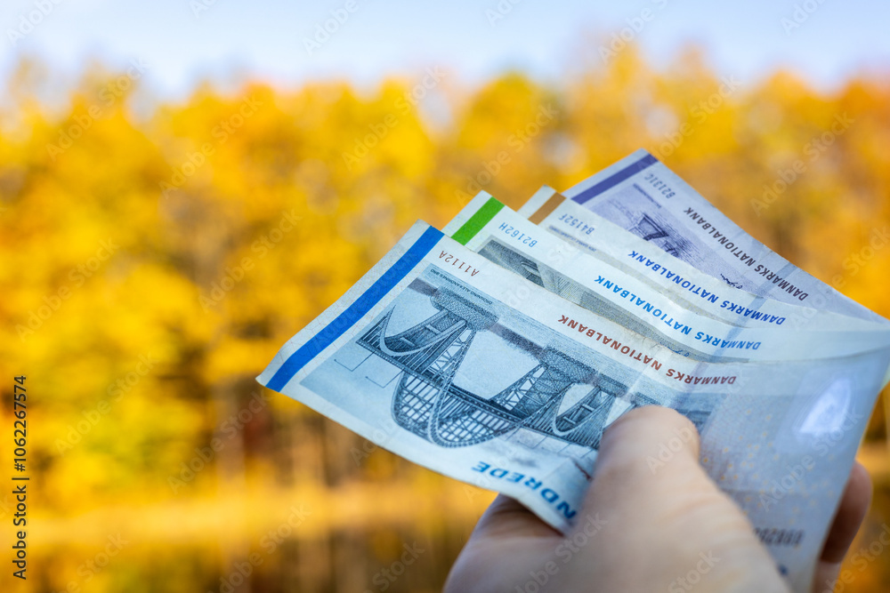 Denmark money. Danish kroner held in hand against autumn scenery. Financial business concept