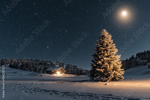 A glowing Christmas tree stands tall under a full moon in a snowy landscape, surrounded by a serene forest and a cozy cabin in the distance. The scene evokes a sense of peace, wonder, and the magic of