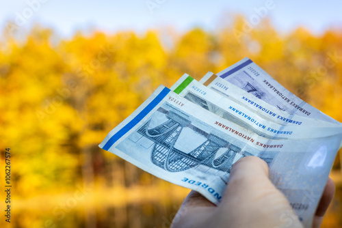 Obraz na płótnie Denmark money. Danish kroner held in hand against autumn scenery. Financial business concept w salonie