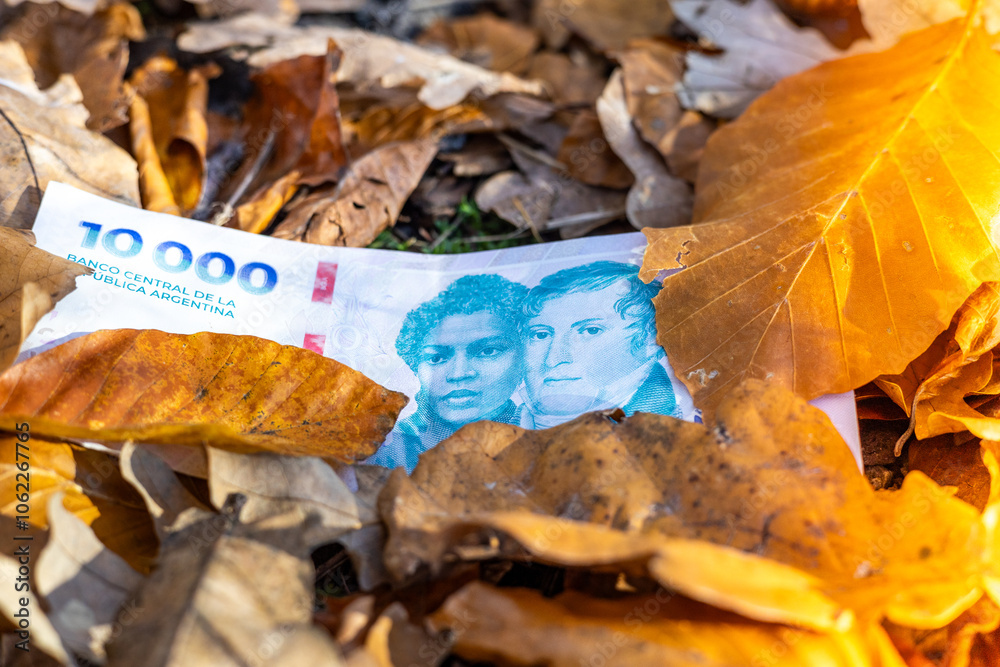 Argentina money. 10,000 peso banknote lying among fallen withered leaves. Business finance concept. Argentina economy, Argentine peso strength.