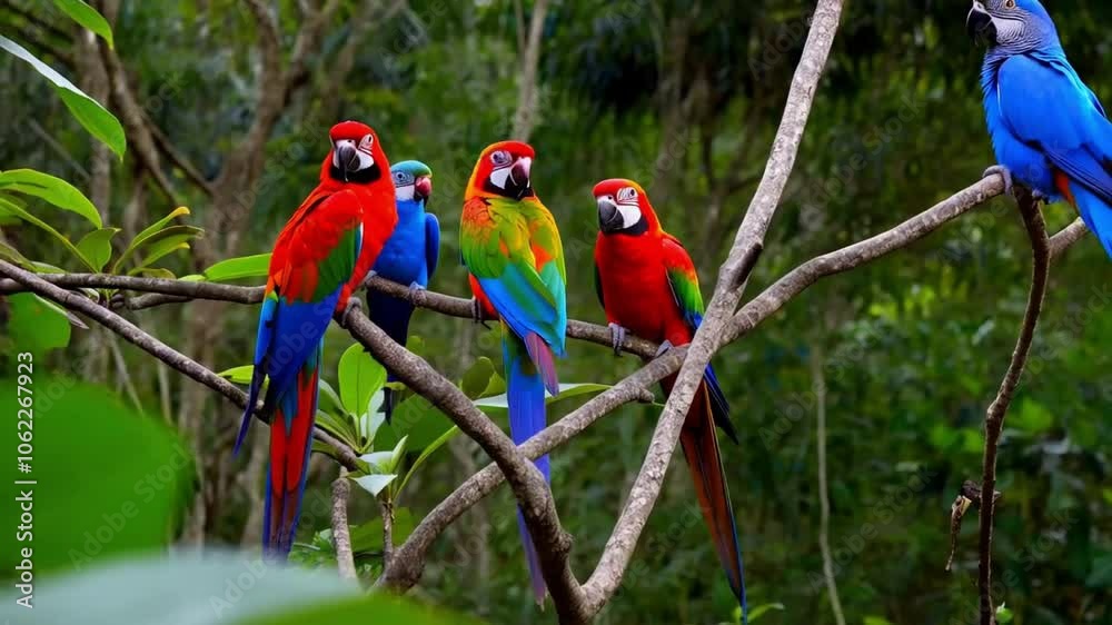 A vibrant video of colorful parrots perched among lush tropical vegetation
A vibrant video of colorful parrots perched among lush tropical vegetation