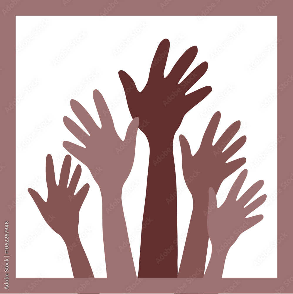 Multiethnic hands up symbolizing black lives, voting, 3D layered paper cut style, vector illustration. Silhouette Shadow box eps. Vector layout template for greeting card, poster, invitation Multiethnic hands up symbolizing black lives, voting, 3D layered paper cut style, vector illustration. Silhouette Shadow box eps. Vector layout template for greeting card, poster, invitation
