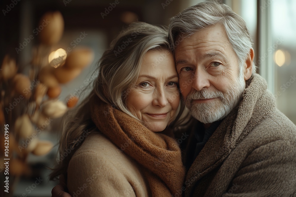 A loving senior couple embraces warmly by the window. A loving senior couple embraces warmly by the window.