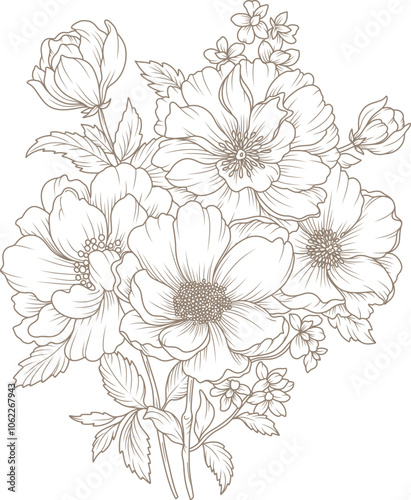 Bouquet of flowers. Hand drawn floral pattern in line art style. Vector illustration with elegant flowers, branches and leaves