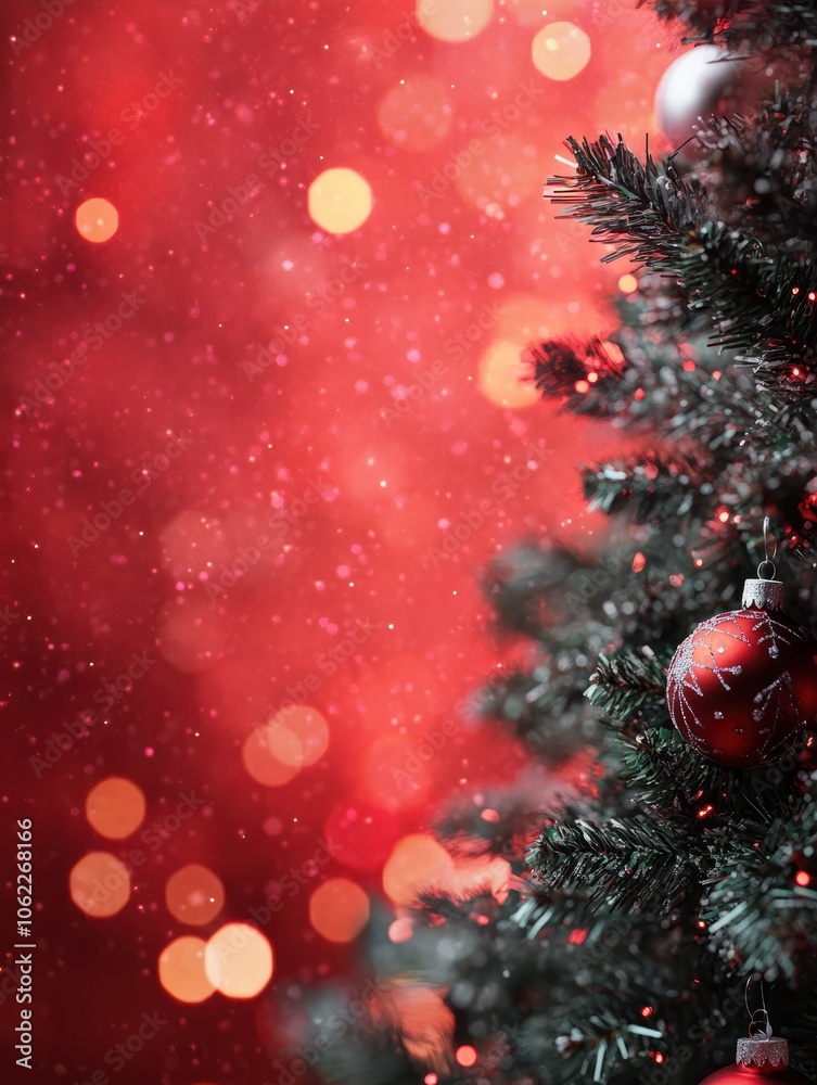 Christmas Tree With Ornament And Bokeh Lights In Red Background Christmas Tree With Ornament And Bokeh Lights In Red Background