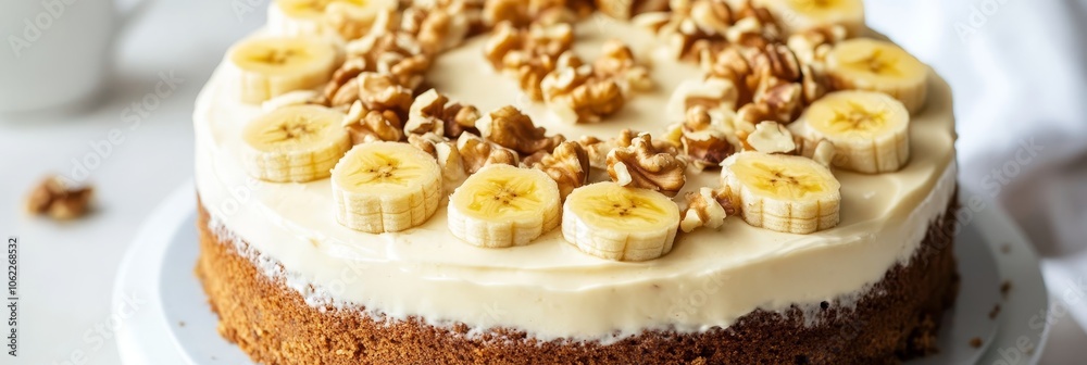 A delicious and heavenly banana walnut cream cake, perfect for any occasion. This cake is made with a moist and fluffy vanilla sponge cake, topped with a rich and creamy walnut frosting and fresh bana