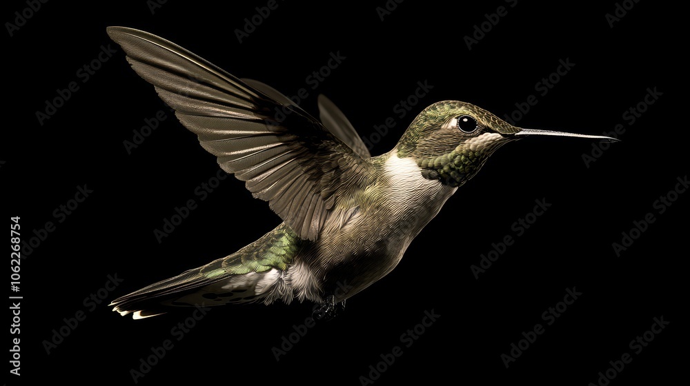 A high-resolution photograph of a hummingbird in flight against a black background, showcasing its vibrant green and white feathers, long beak, and delicate wings. A high-resolution photograph of a hummingbird in flight against a black background, showcasing its vibrant green and white feathers, long beak, and delicate wings.