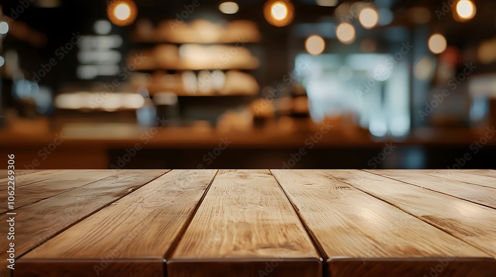An empty wooden table in front of a softly blurred background for a caf?(C) product display.