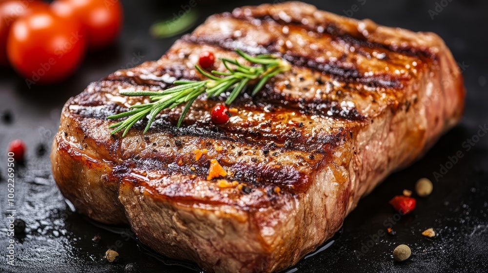 A perfectly grilled steak, seared to a delicious char, topped with fresh rosemary sprigs and peppercorns. This image showcases the rich flavors and textures of a high-quality cut of meat. A perfectly grilled steak, seared to a delicious char, topped with fresh rosemary sprigs and peppercorns. This image showcases the rich flavors and textures of a high-quality cut of meat.