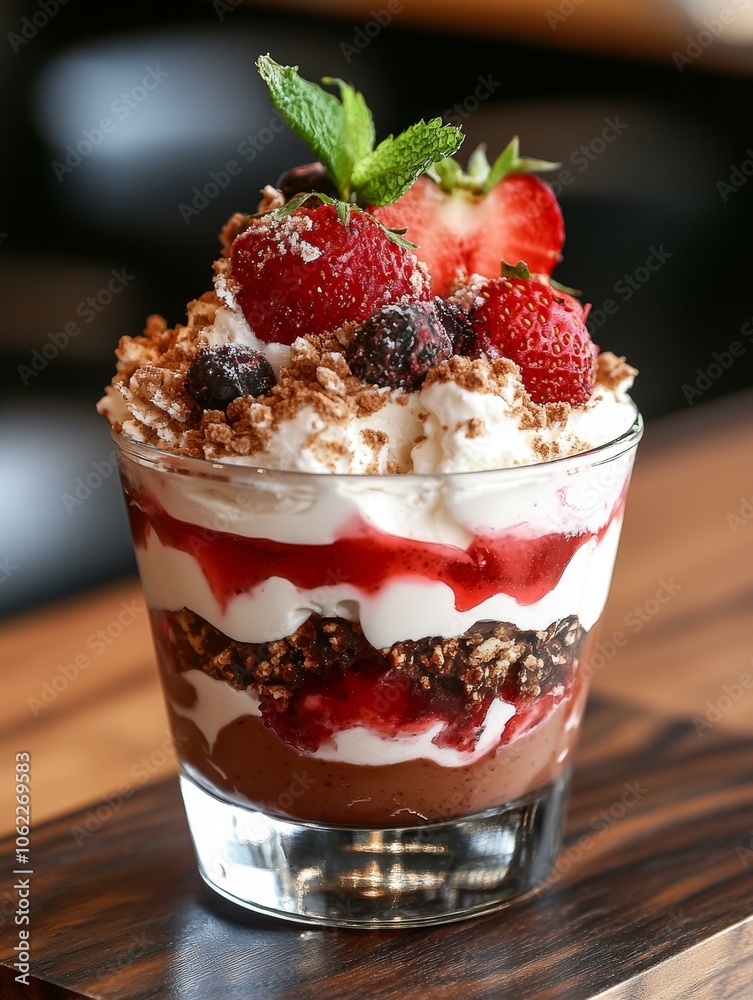 Layered Strawberry Ice Cream Dessert with whipped cream, chocolate, granola, and fresh strawberries. Layered Strawberry Ice Cream Dessert with whipped cream, chocolate, granola, and fresh strawberries.