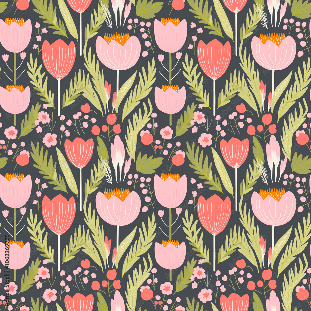 Seamless tulip floral pattern with pink and red flowers on a dark background for vibrant design. Seamless tulip floral pattern with pink and red flowers on a dark background for vibrant design.