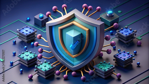 Cybersecurity and digital data protection theme featuring a small padlock with binary polygon interconnects on a dark blue background
