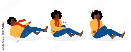 A person experiencing discomfort while seated on the ground in a winter scene