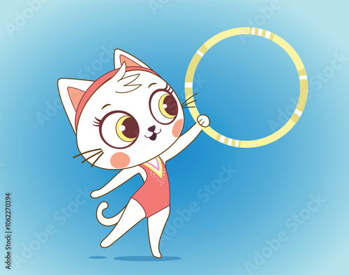 Cute baby cat do gymnastics happily with hoop in leotard. Cartoon animal, rhythmic gymnastics. Clipart for children, vector illustration.