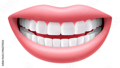 Smile with white teeth, lips and teeth, isolated on white background, Realistic 3D vector illustration