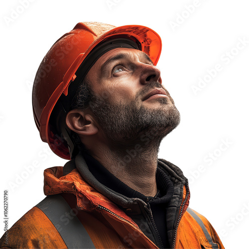 Worker in orange safety gear gazes upward, focused and thoughtful, highlighting construction dedication and vigilance. Isolated on white background or PNG photo