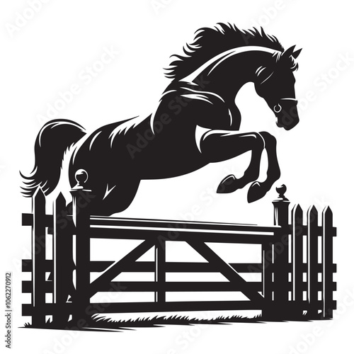 Equestrian jumping over a fence silhouette vector art black color design and solid white background 
