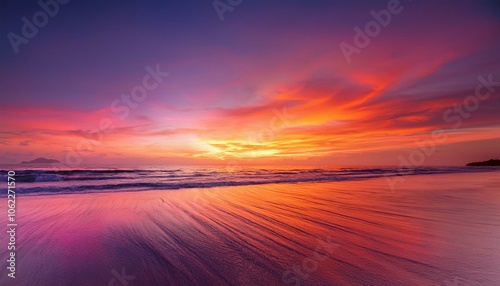 A breathtaking sunset paints the sky with vibrant hues of orange, pink, and purple, reflecting on the calm ocean and sandy shore.