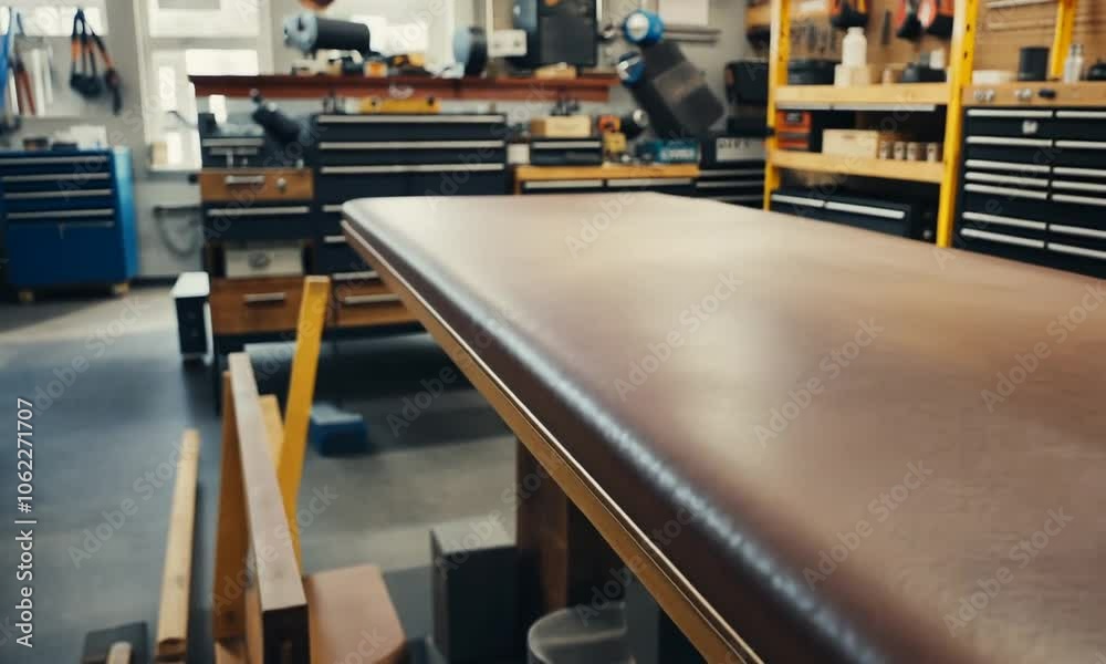 Close up of a wooden table top with a leather finish in a woodworking workshop