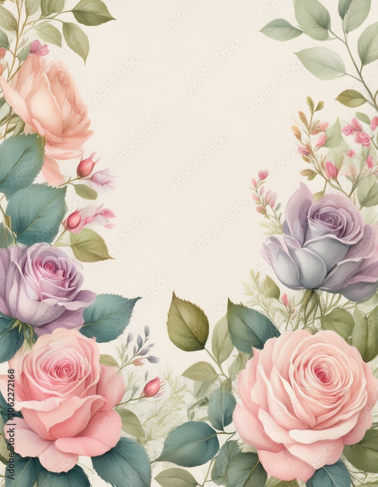 Delicate pink and purple roses with green leaves create a beautiful floral frame. Delicate pink and purple roses with green leaves create a beautiful floral frame.