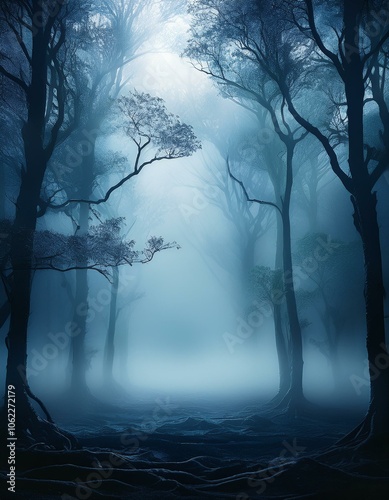 A mysterious, fog-filled forest with tall, dark trees. The blue hue of the sky and the mist creates a tranquil yet eerie atmosphere.