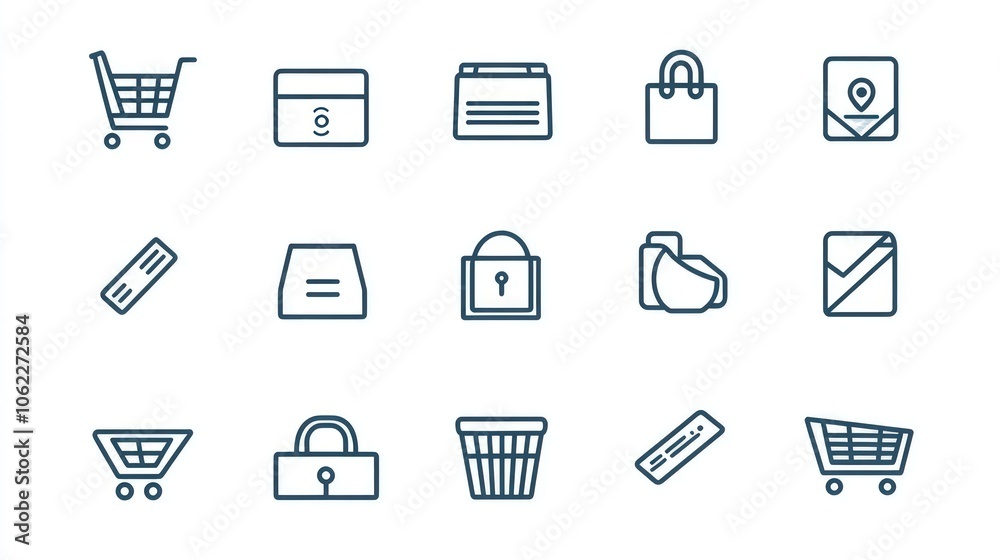 Shopping and e-commerce line icons set, featuring thin line symbols for online shopping and payment on a clean background Shopping and e-commerce line icons set, featuring thin line symbols for online shopping and payment on a clean background