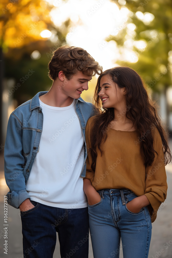 Young couple shares a joyful moment while walking on a sunny city street in autumn Young couple shares a joyful moment while walking on a sunny city street in autumn