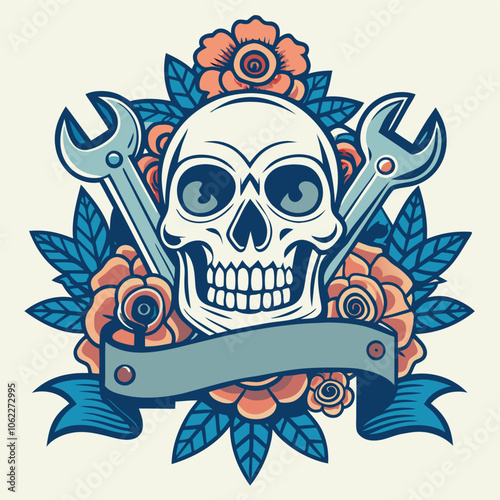 skull wrench flowers, biker mechanic school old traditional