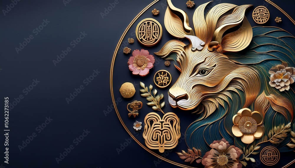 Intricate paper cut-out design of a golden animal head with flowers and symbols on a dark blue background. Intricate paper cut-out design of a golden animal head with flowers and symbols on a dark blue background.