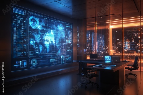 A sleek, modern office featuring a large holographic display showcasing a world map and data visualizations. The room has a city view through large windows, creating a futuristic and inspiring workspa