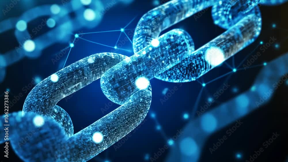 A digital chain composed of small blue dots is connected by glowing lines on a dark blue background A digital chain composed of small blue dots is connected by glowing lines on a dark blue background