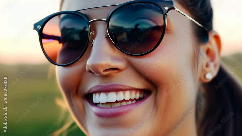Summer Sunshine Smile: A close-up portrait of a radiant woman basking in the warm glow of the setting sun, her smile as bright as the day. Her stylish sunglasses add a touch of cool confidence. Summer Sunshine Smile: A close-up portrait of a radiant woman basking in the warm glow of the setting sun, her smile as bright as the day. Her stylish sunglasses add a touch of cool confidence.
