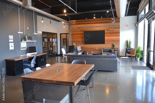 Wallpaper Mural A sleek and modern workspace, featuring a large conference table, comfortable seating, and a wall-mounted TV, perfect for collaboration, brainstorming, and innovative thinking. Torontodigital.ca