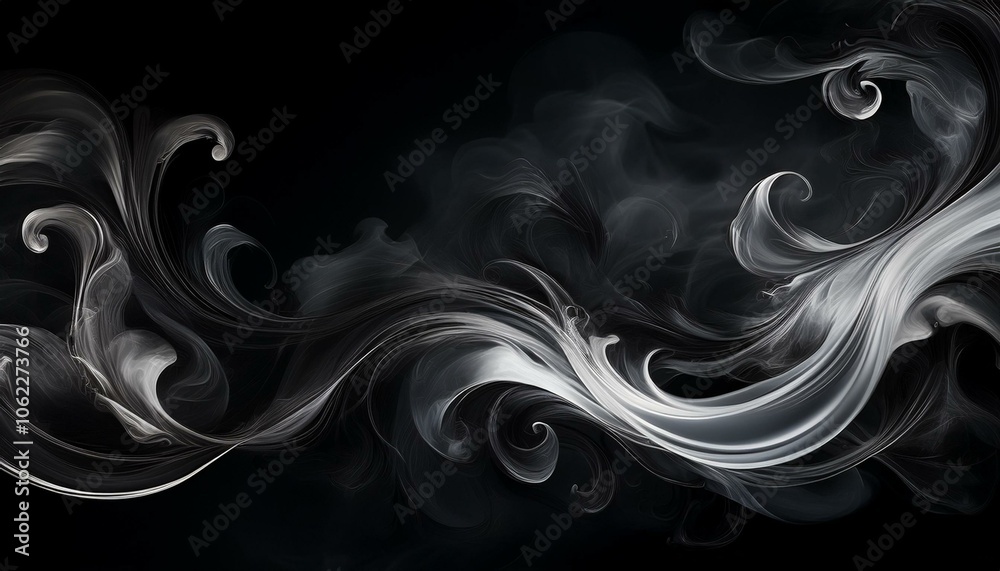 Abstract swirls of white smoke on a black background. The soft and elegant lines create a dreamy and ethereal effect. Abstract swirls of white smoke on a black background. The soft and elegant lines create a dreamy and ethereal effect.