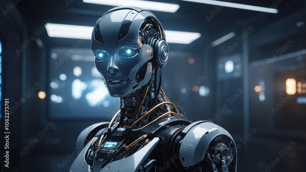 Futuristic robot artificial intelligence enlightening AI technology development and machine learning concept. Global robotic bionic science research for future of human life. 3D rendering graphic. Futuristic robot artificial intelligence enlightening AI technology development and machine learning concept. Global robotic bionic science research for future of human life. 3D rendering graphic.