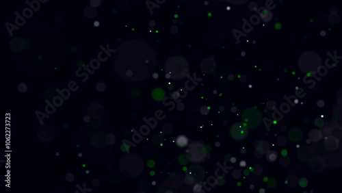 Abstract dust particles with green light on dark background. Science backdrop with moving glittering dots. Flying particles with effect bokeh. 3d rendering.
