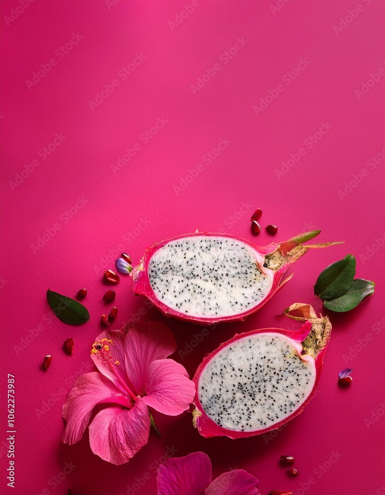 Two halves of a dragon fruit and pink flowers on a bright pink background. Two halves of a dragon fruit and pink flowers on a bright pink background.
