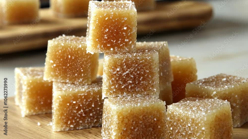 A stack of homemade, sugar-coated candies sits on a wooden cutting board, ready to be enjoyed A stack of homemade, sugar-coated candies sits on a wooden cutting board, ready to be enjoyed