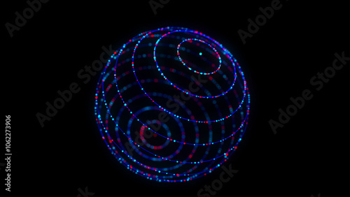 Abstract blue sphere on black background. Wireframe circle structure with glowing particles. Futuristic digital illustration. 3D rendering.
