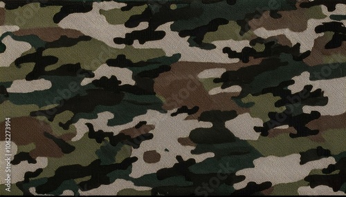 Close-up shot of a camouflage fabric featuring shades of green, brown, and black.