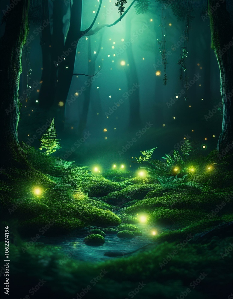 Fototapeta premium Enchanted forest with fireflies glowing in the night.