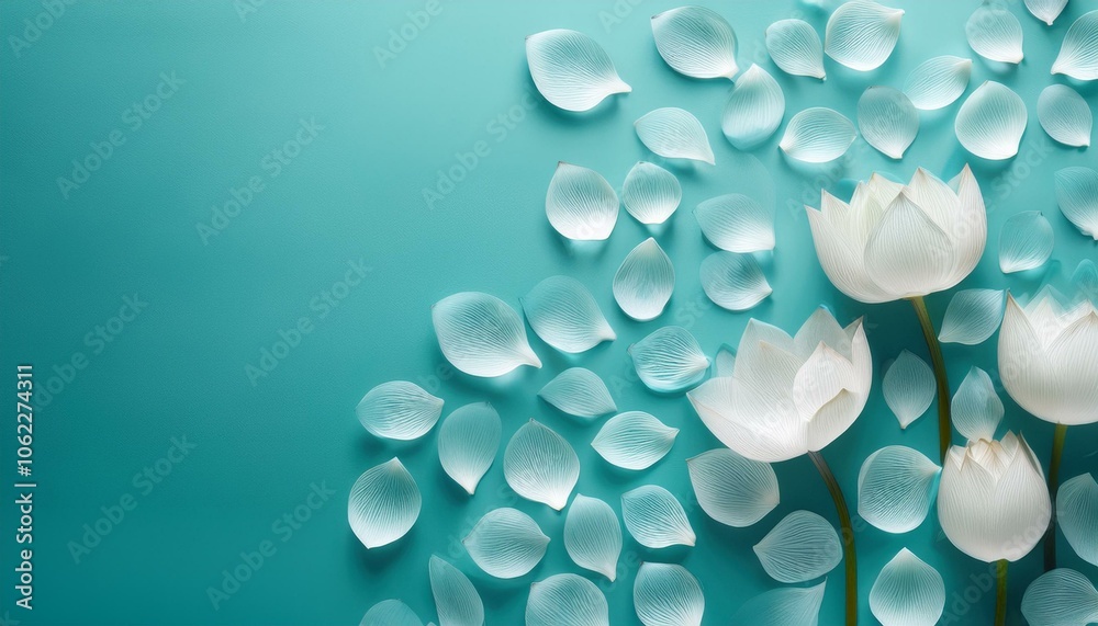 White lotus flowers and petals on a teal background. White lotus flowers and petals on a teal background.