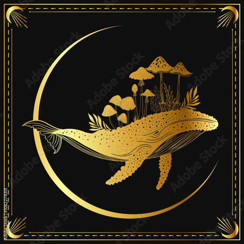 A graceful golden whale swims below a crescent moon, carrying a vibrant  of mushrooms and foliage on its back. This enchanting scene blends nature with fantasy.