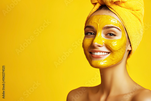 Photo of a happy woman with a towel on her head and a facial peeling mask