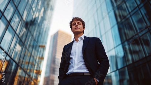 Young Caucasian male professional standing confidently in an urban setting, wearing a business suit.