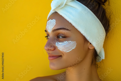 Photo of a happy woman with a towel on her head and a facial peeling mask