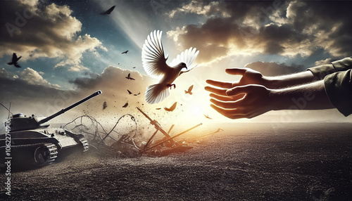 A dove flies from hands amidst war, symbolizing peace overcoming conflict.