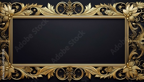 Elegant golden frame with intricate floral designs on a black background, perfect for adding a touch of luxury to any project.