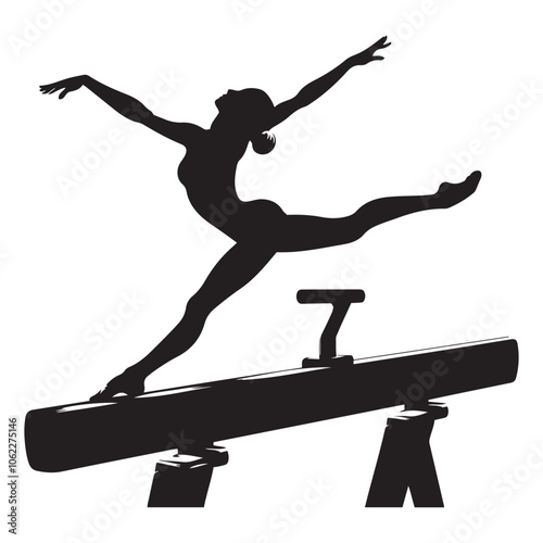   gymnast on balance beam silhouette vector black color white background 