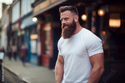 Portrait of a handsome man with a long beard and mustache in a white t-shirt standing on a city street